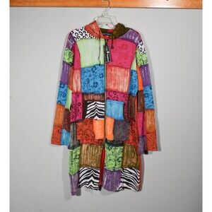 NWT Agan Traders Nepal Cotton Boho Patchwork Hooded Long Zip Up Jacket Sz L